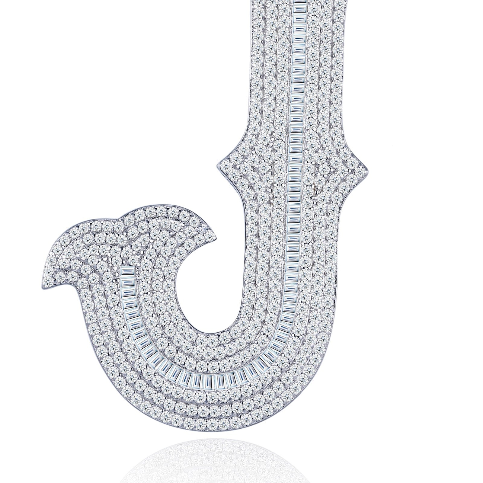 Initial J Moissanite Iced Letter Pendant Necklace in Sterling Silver — detail
