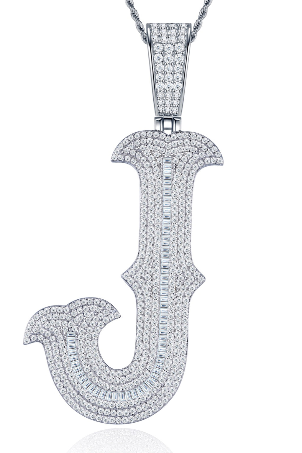 Initial J Moissanite Iced Letter Pendant Necklace in Sterling Silver