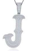 Initial J Moissanite Iced Letter Pendant Necklace in Sterling Silver