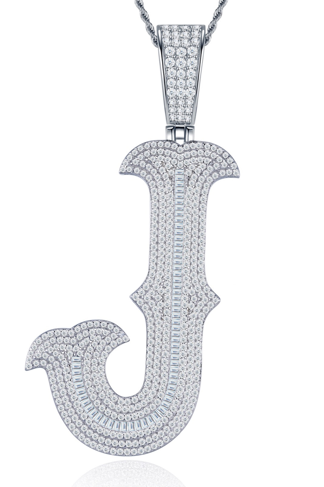 Initial J Moissanite Iced Letter Pendant Necklace in Sterling Silver