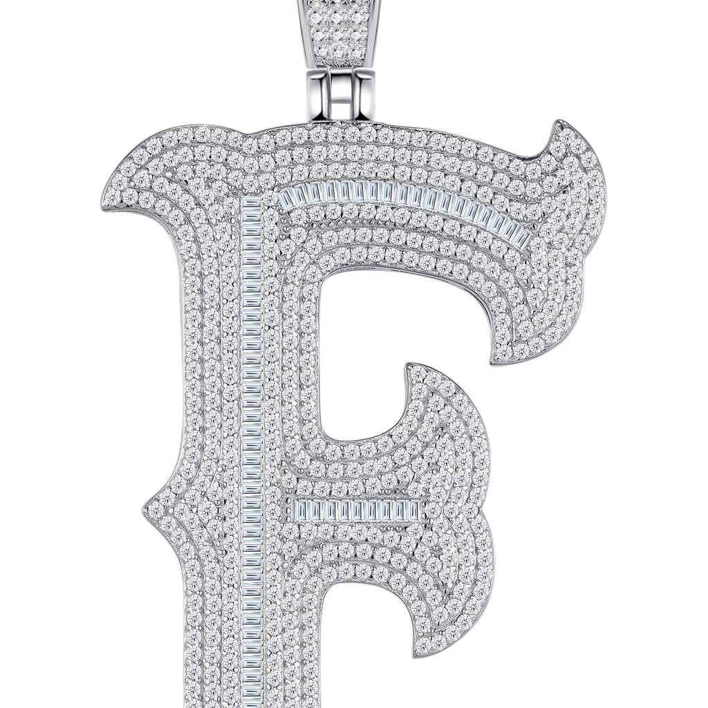 Initial F Moissanite Iced Letter Pendant Necklace in Sterling Silver — detail