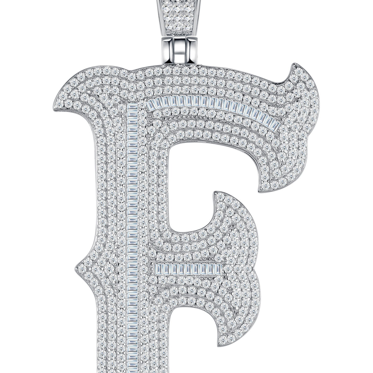 Initial F Moissanite Iced Letter Pendant in Sterling Silver — detail