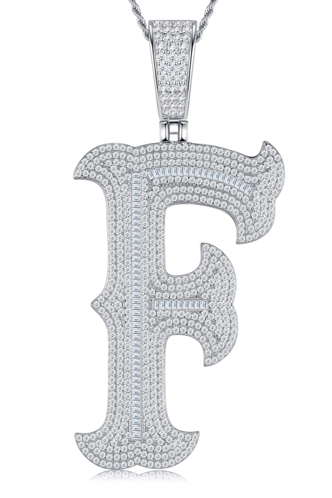 Initial F Moissanite Iced Letter Pendant Necklace in Sterling Silver