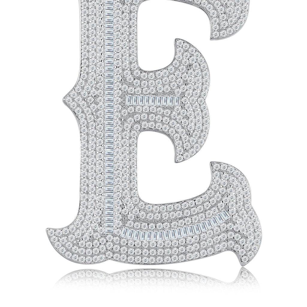 Initial E Moissanite Iced Letter Pendant Necklace in Sterling Silver — detail