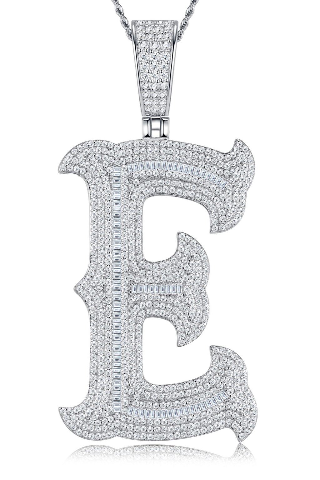 Initial E Moissanite Iced Letter Pendant Necklace in Sterling Silver