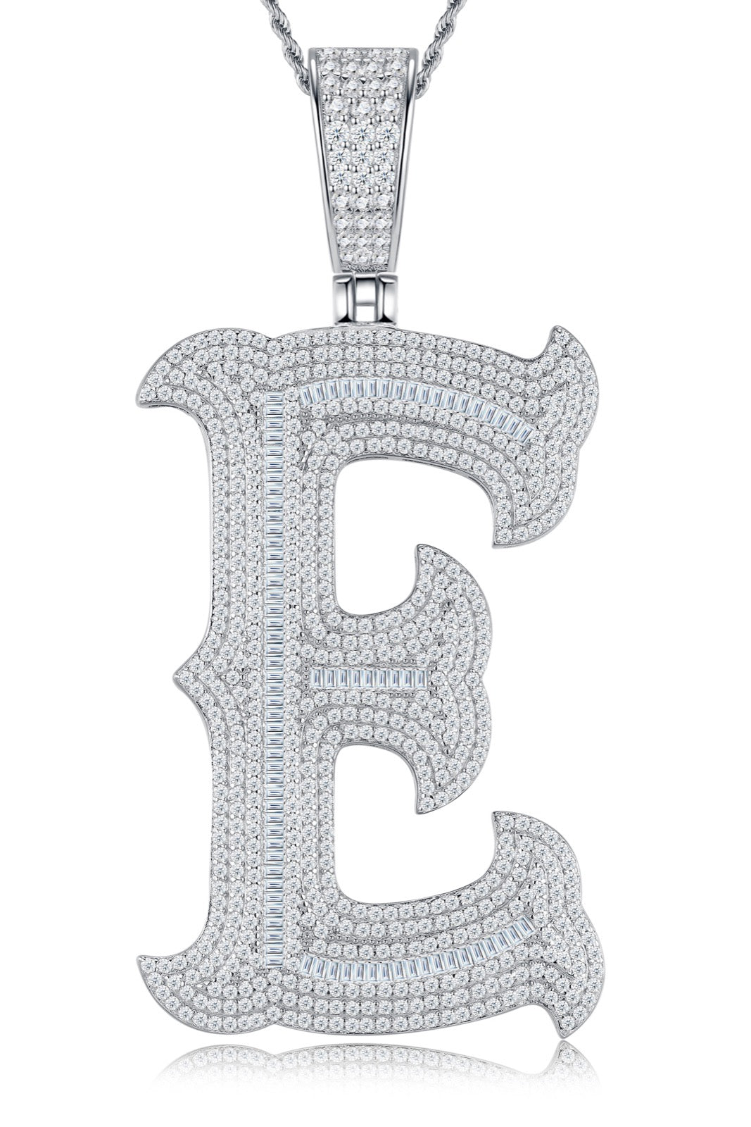 Initial E Moissanite Iced Letter Pendant Necklace in Sterling Silver