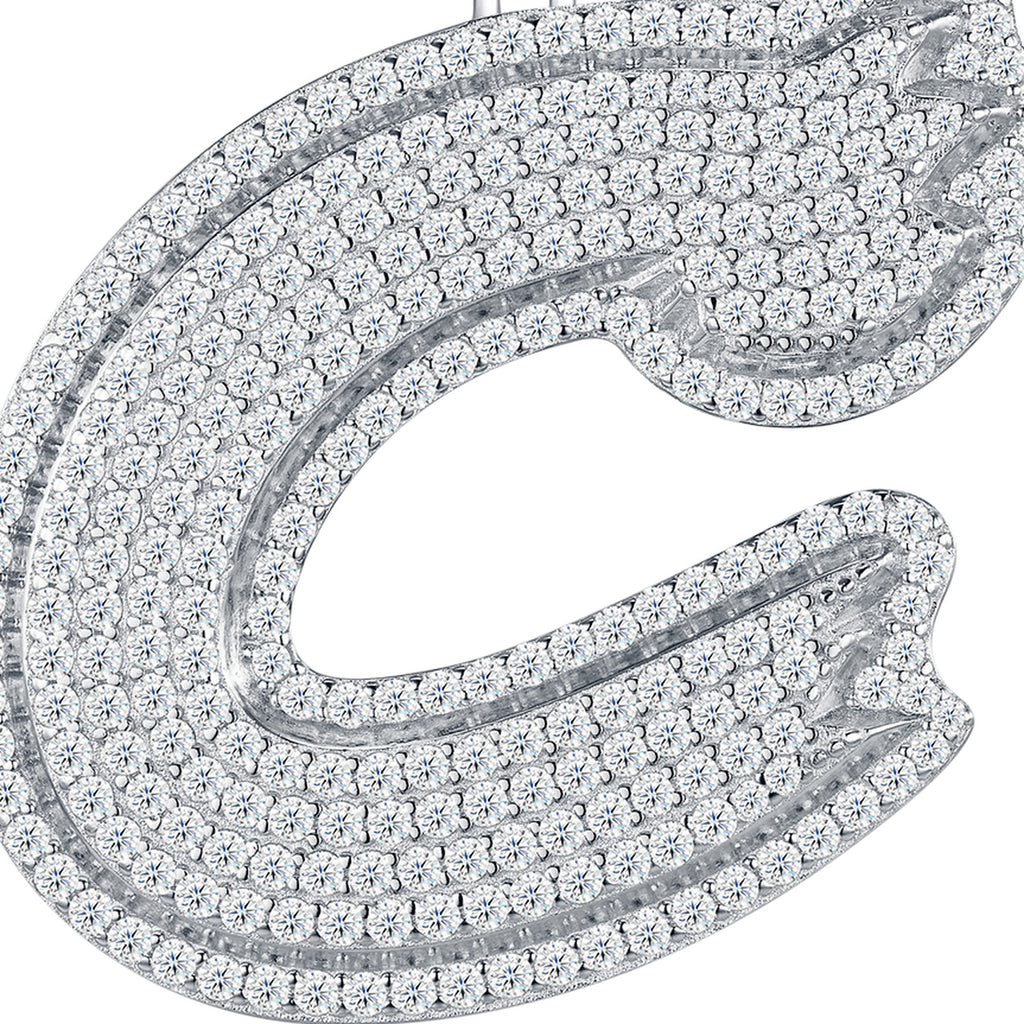 Initial C Moissanite Iced Cursive Letter Pendant Necklace in Sterling Silver — detail