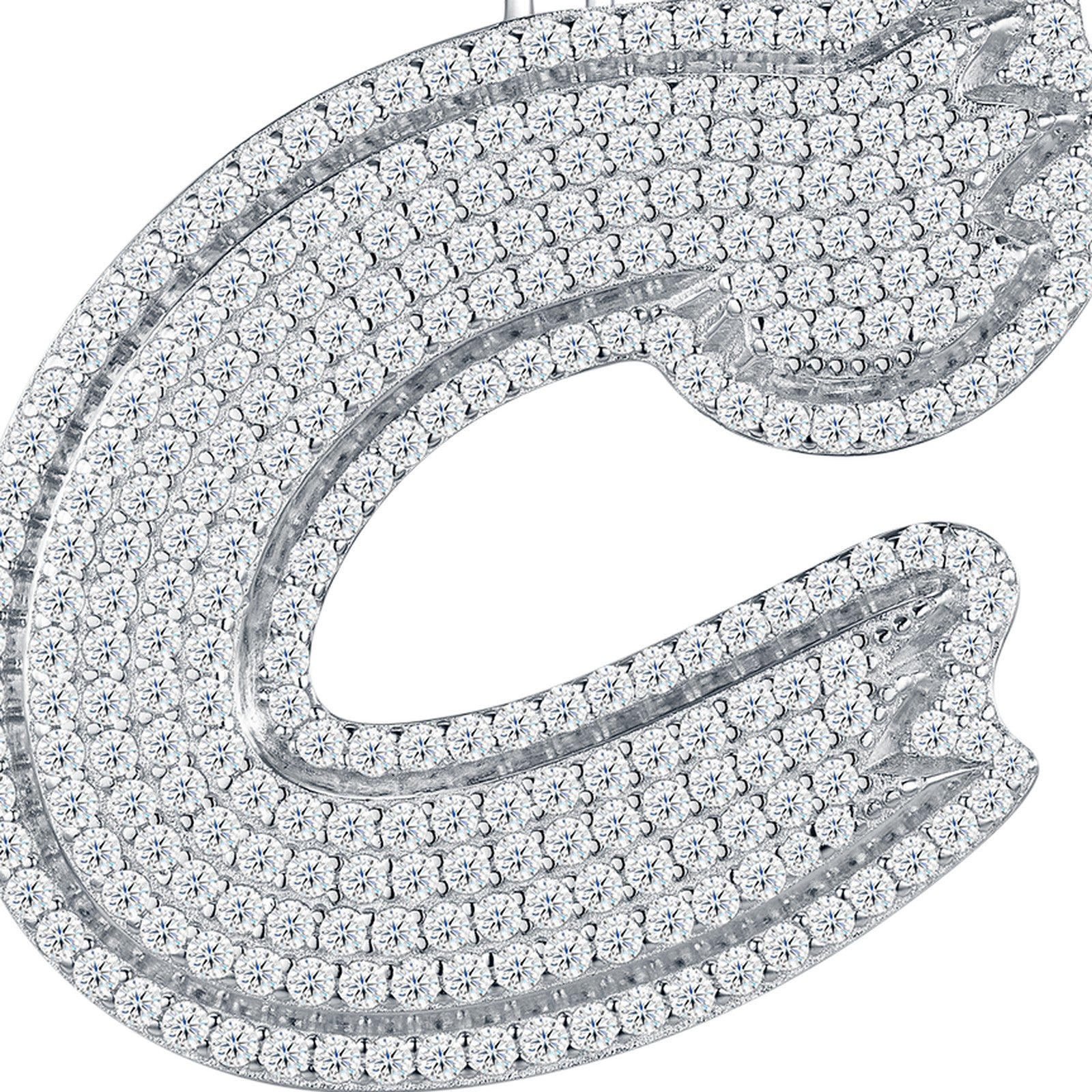 Initial C Moissanite Iced Cursive Letter Pendant Necklace in Sterling Silver — detail