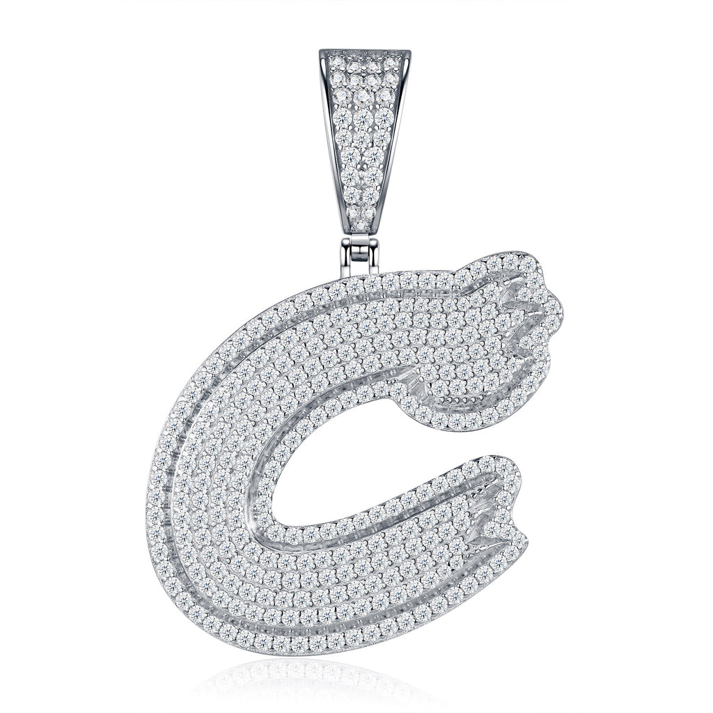 Initial C Moissanite Iced Cursive Letter Pendant Necklace in Sterling Silver