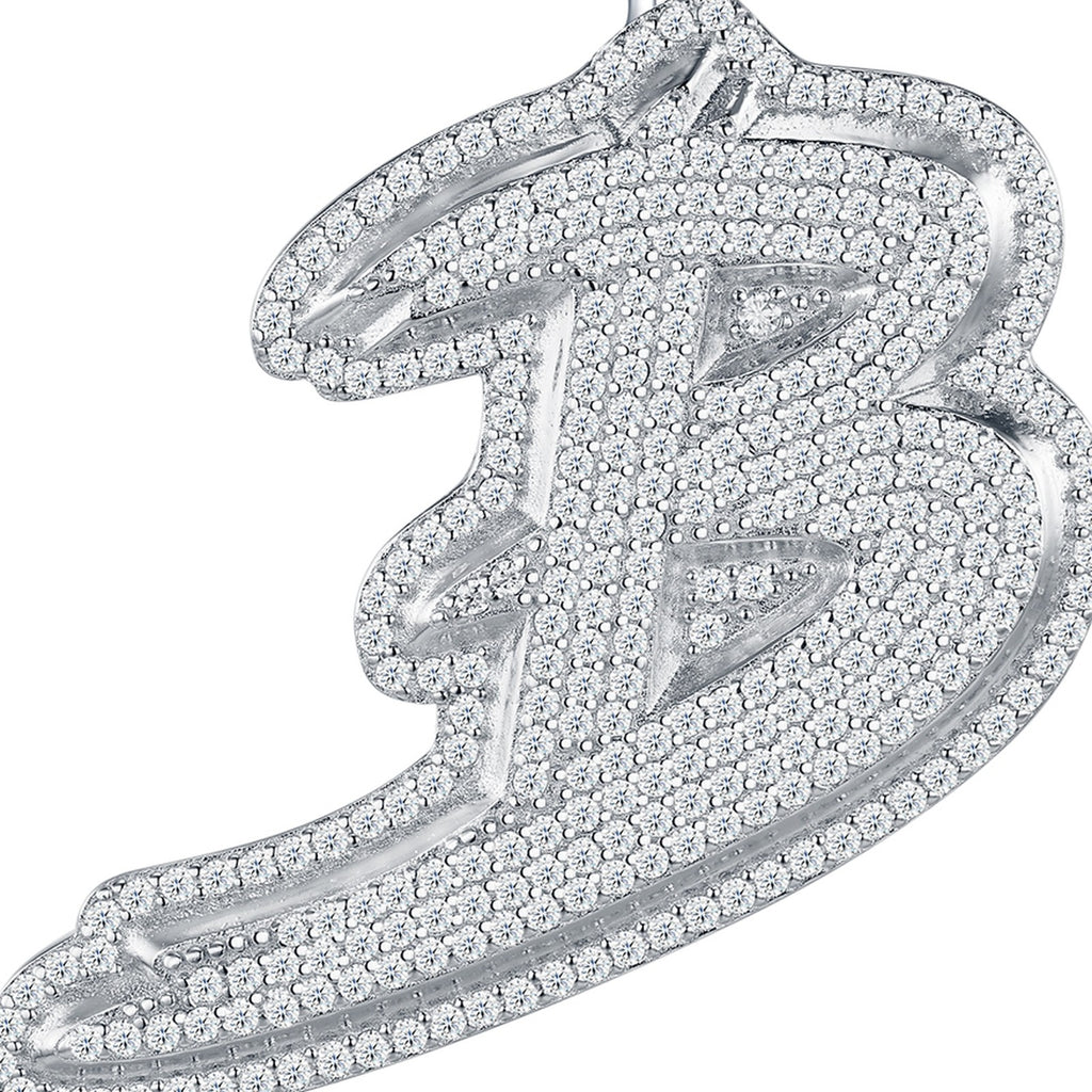 Initial B Moissanite Iced Cursive Letter Pendant Necklace in Sterling Silver — detail
