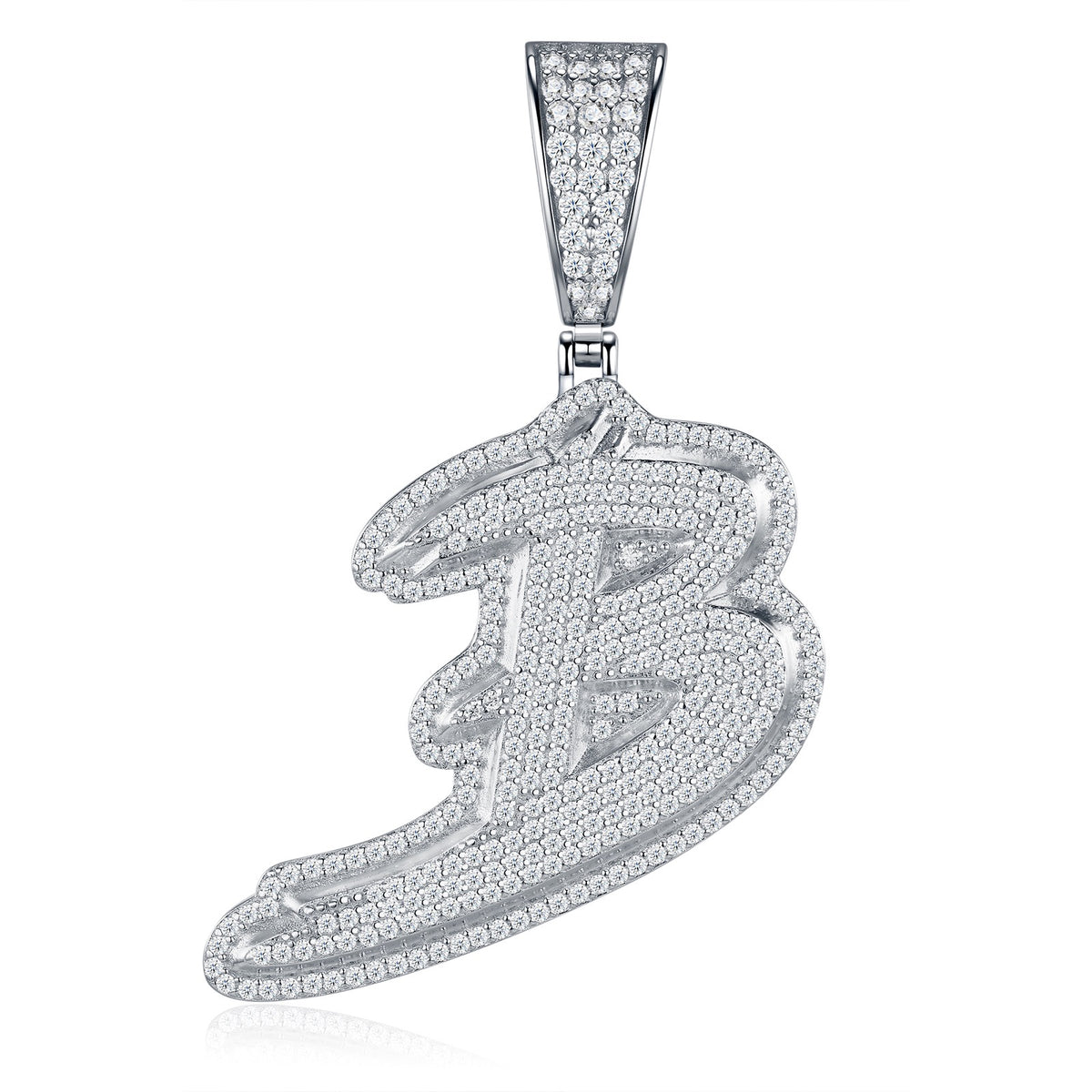 Initial B Moissanite Iced Cursive Letter Pendant in Sterling Silver
