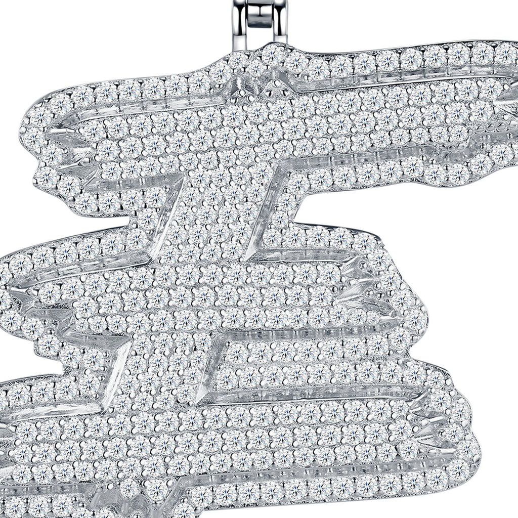 Initial E Moissanite Iced Cursive Letter Pendant Necklace in Sterling Silver — detail