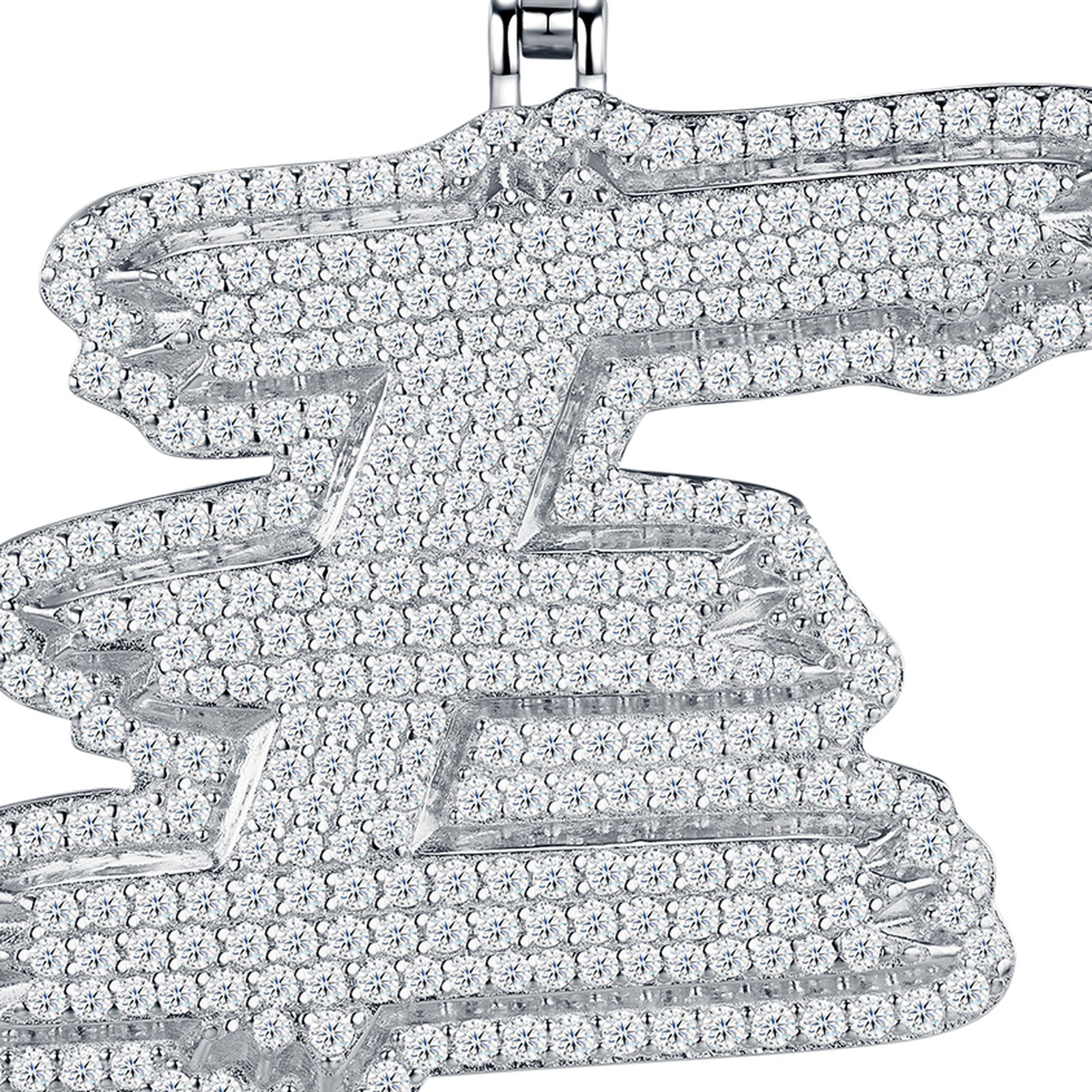 Initial E Moissanite Iced Cursive Letter Pendant Necklace in Sterling Silver — detail
