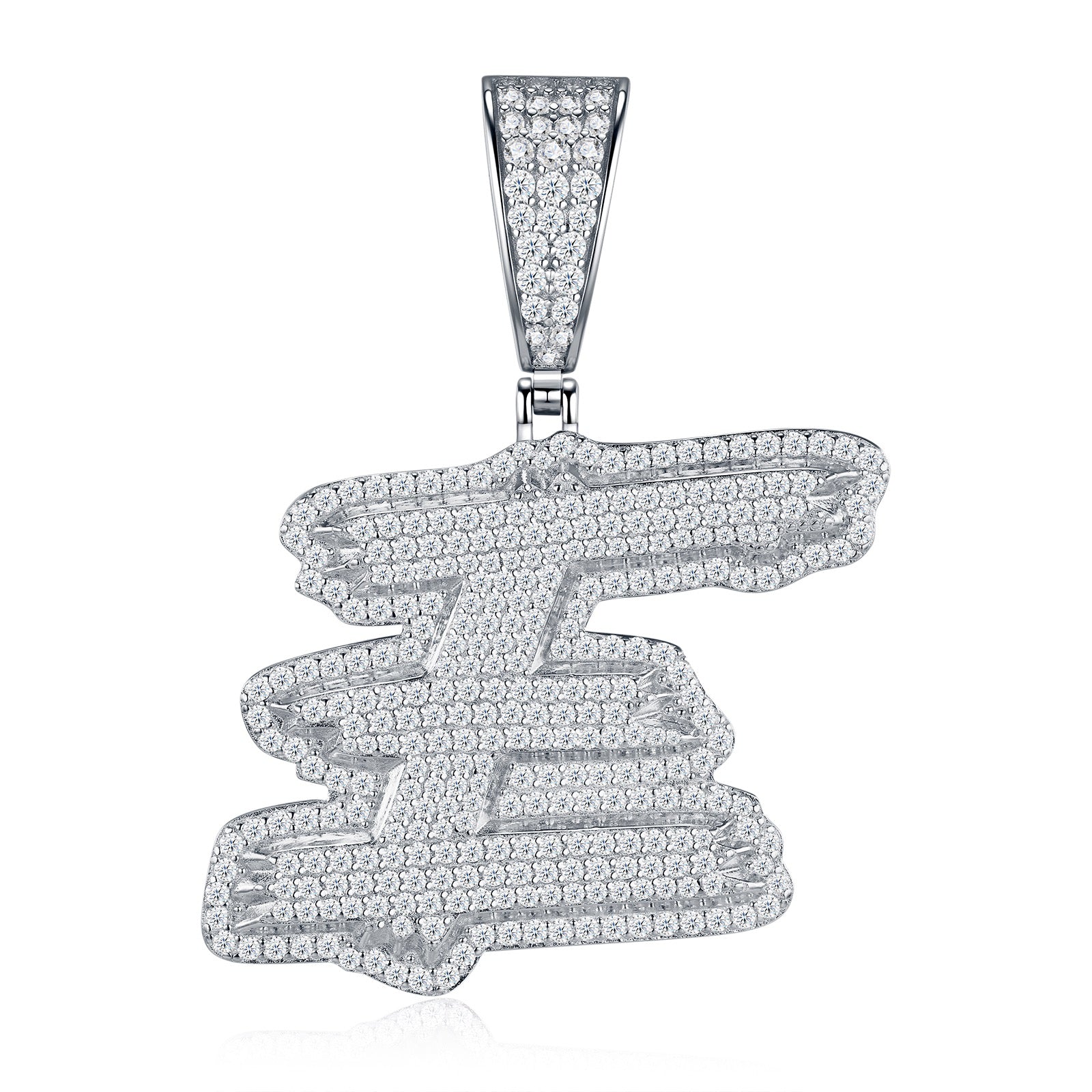 Initial E Moissanite Iced Cursive Letter Pendant Necklace in Sterling Silver