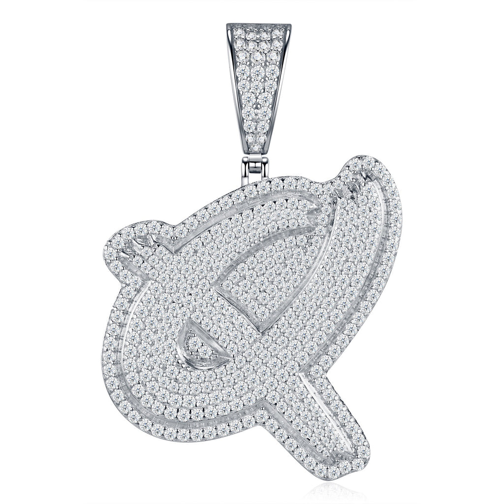 Initial Q Moissanite Iced Cursive Letter Pendant Necklace in Sterling Silver
