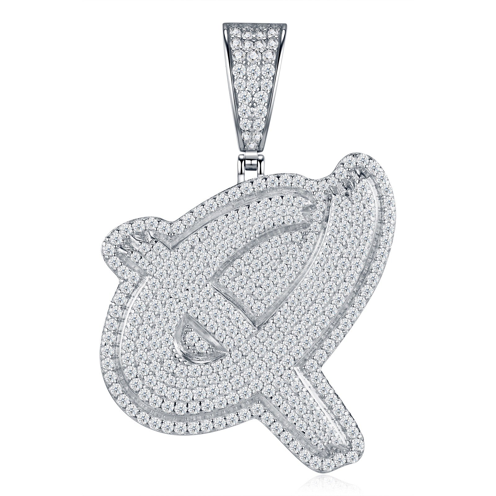 Initial Q Moissanite Iced Cursive Letter Pendant Necklace in Sterling Silver