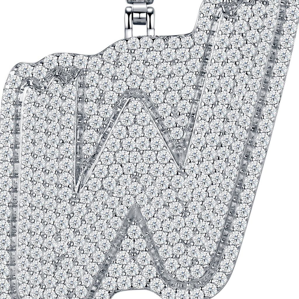 Initial W Moissanite Iced Cursive Letter Pendant Necklace in Sterling Silver — detail