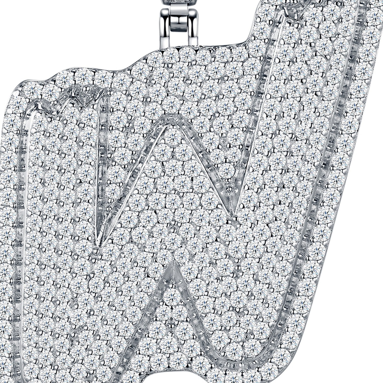 Initial W Moissanite Iced Cursive Letter Pendant Necklace in Sterling Silver — detail