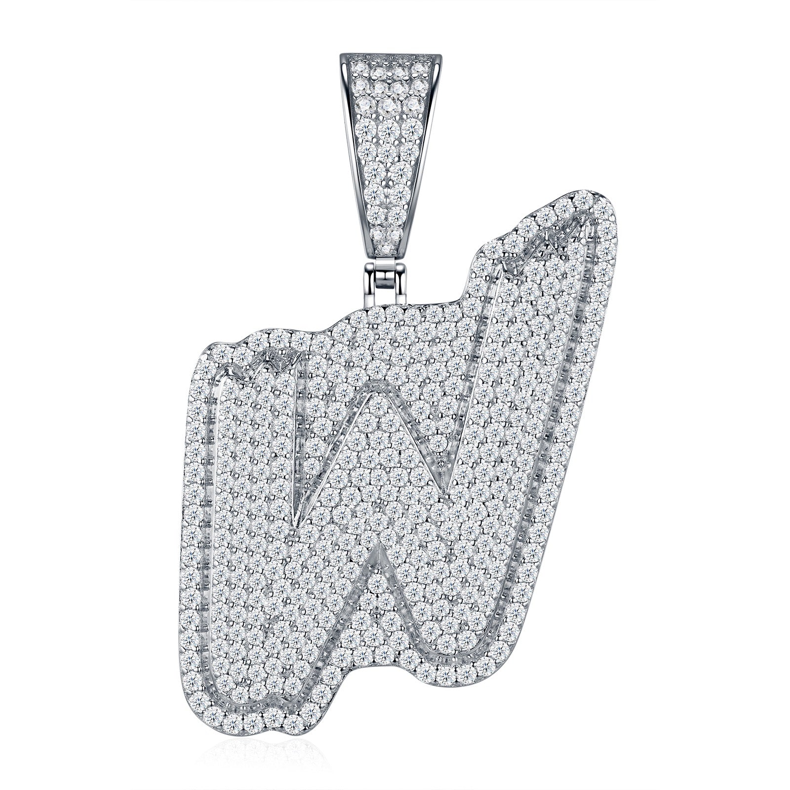 Initial W Moissanite Iced Cursive Letter Pendant Necklace in Sterling Silver
