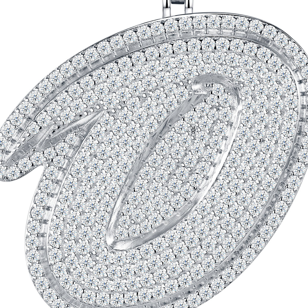 Initial O Moissanite Iced Cursive Letter Pendant Necklace in Sterling Silver — detail