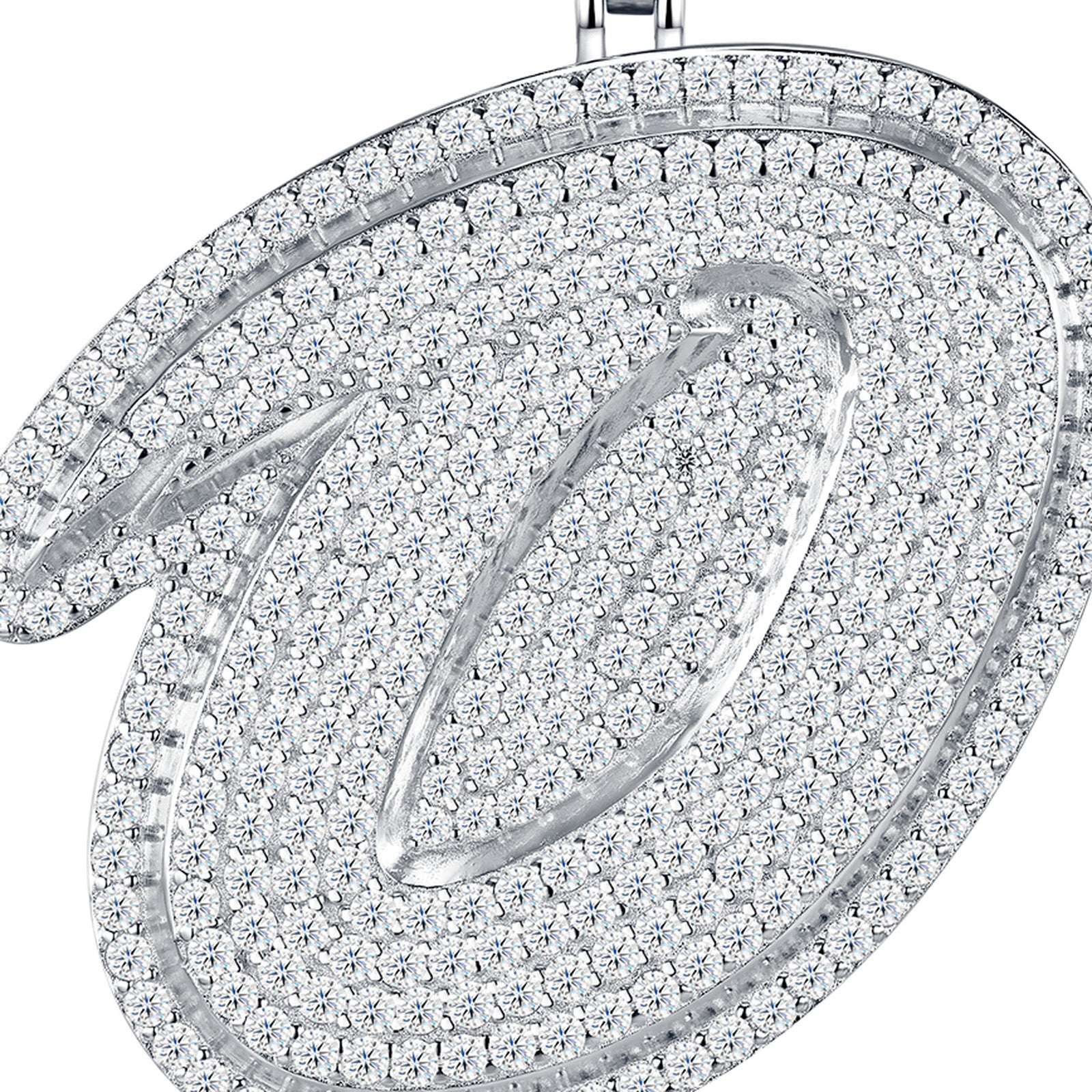 Initial O Moissanite Iced Cursive Letter Pendant Necklace in Sterling Silver — detail