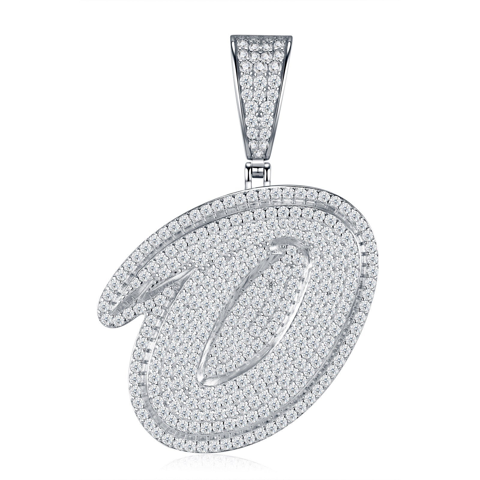 Initial O Moissanite Iced Cursive Letter Pendant Necklace in Sterling Silver