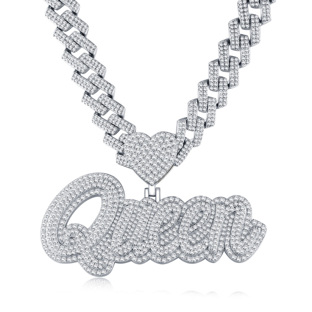 Queen Moissanite Nameplate Necklace in Sterling Silver