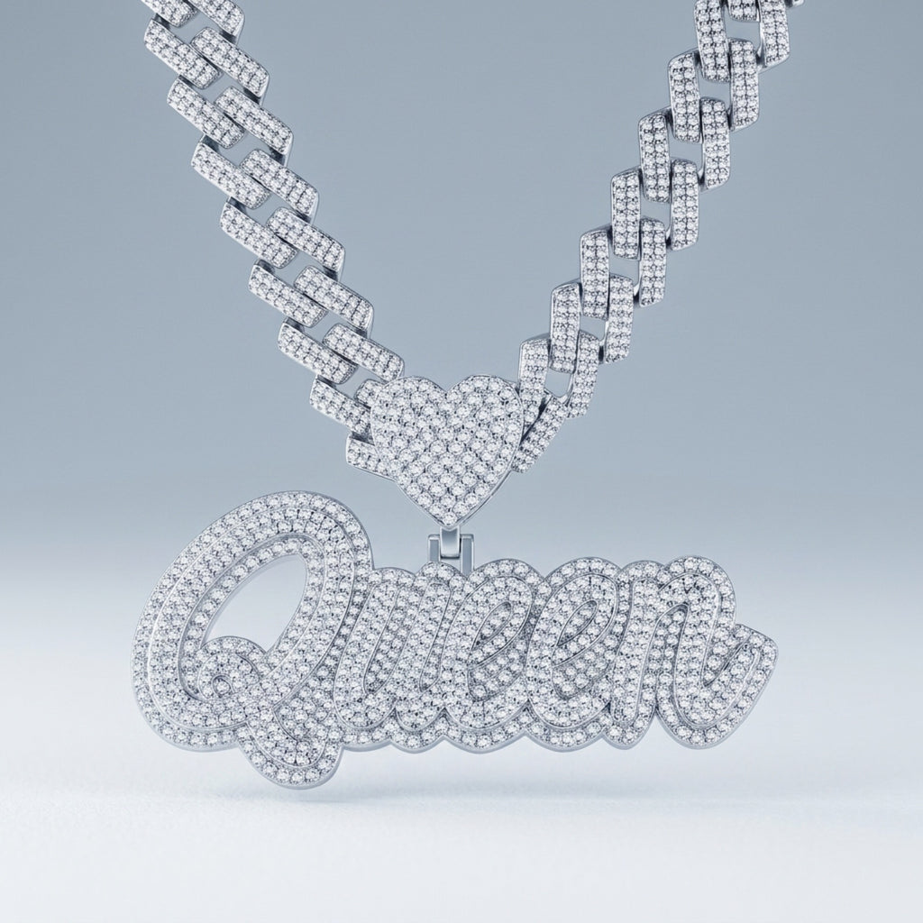Queen Moissanite Nameplate Necklace in Sterling Silver
