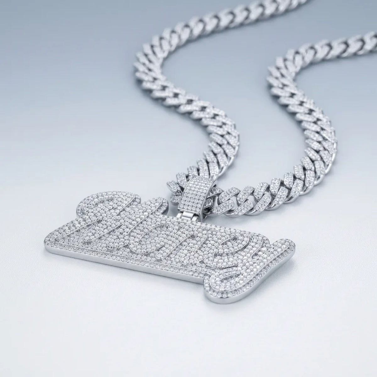Shorty Moissanite Nameplate Pendant in Sterling Silver