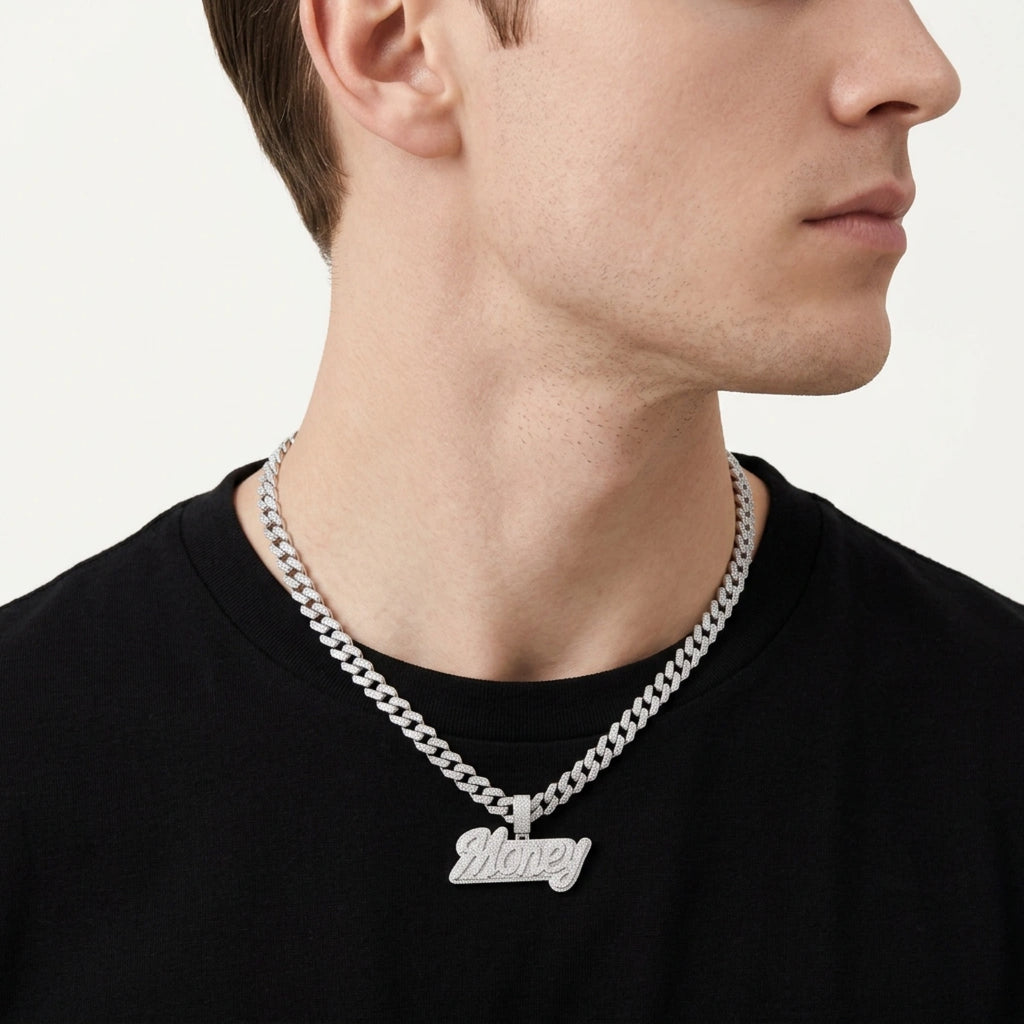 Shorty Moissanite Nameplate Necklace in Sterling Silver