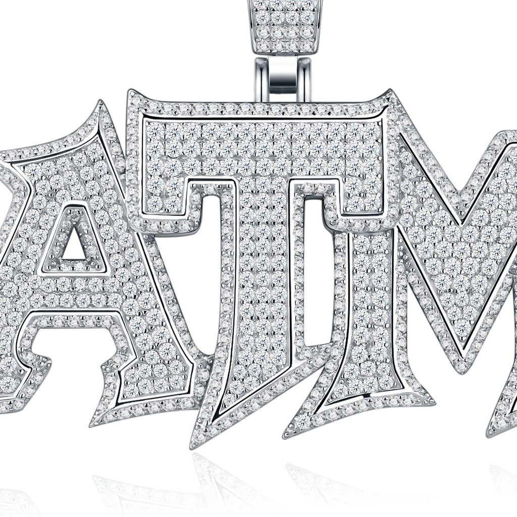 ATM Moissanite Nameplate Necklace in Sterling Silver — detail