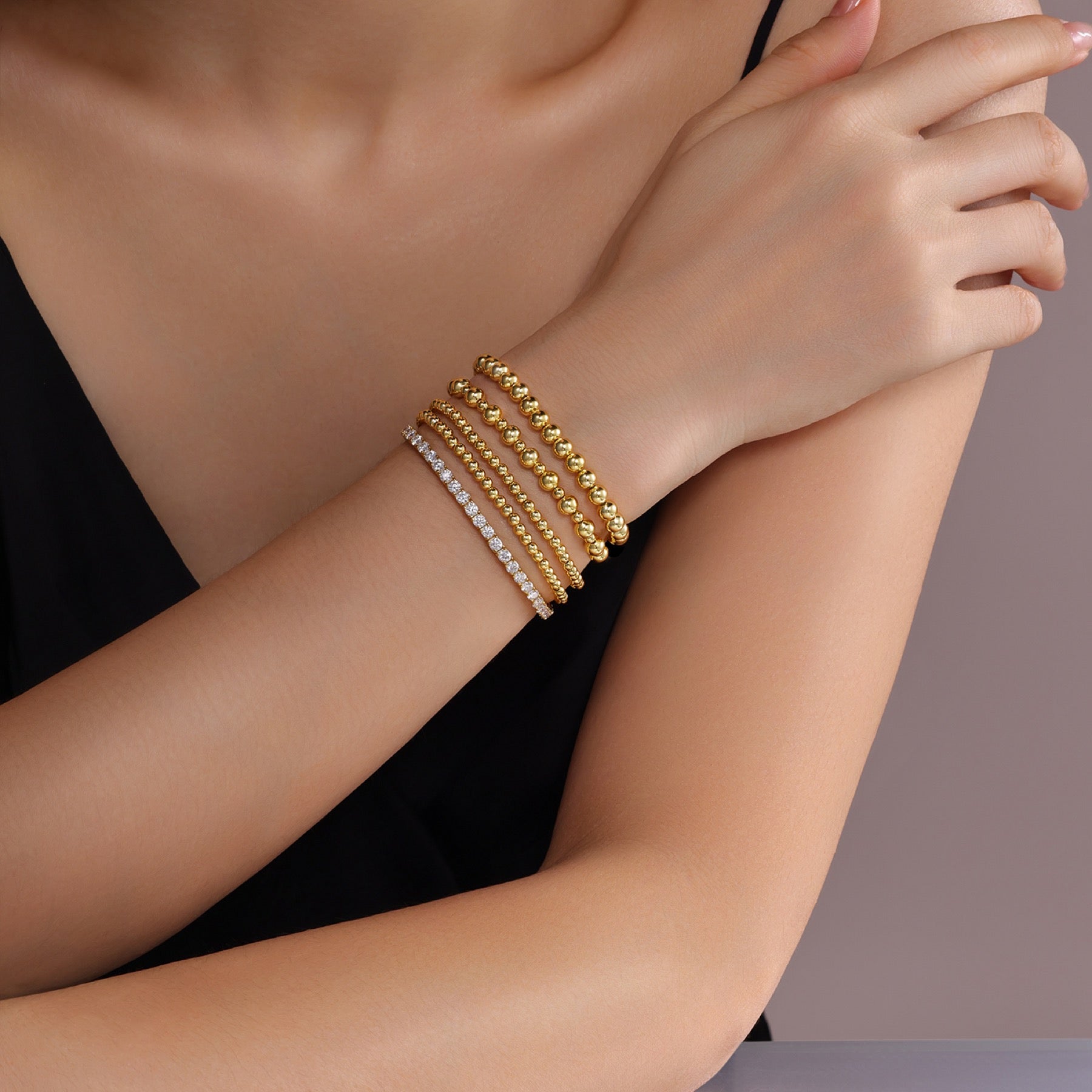 Aurea Moissanite Beaded Bangle Bracelet in Gold-Tone Sterling Silver