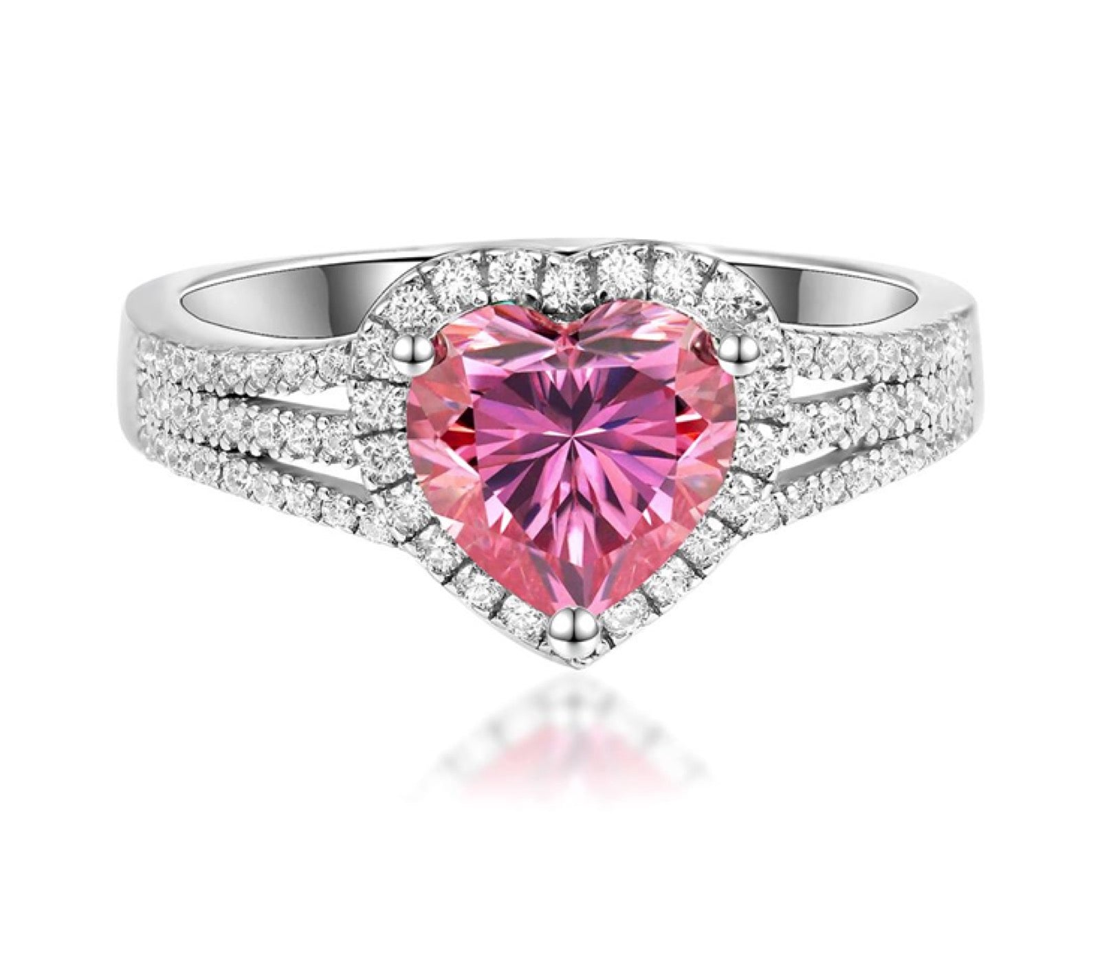 Amoretta 2 Carat Pink Heart Moissanite Halo Ring in Sterling Silver