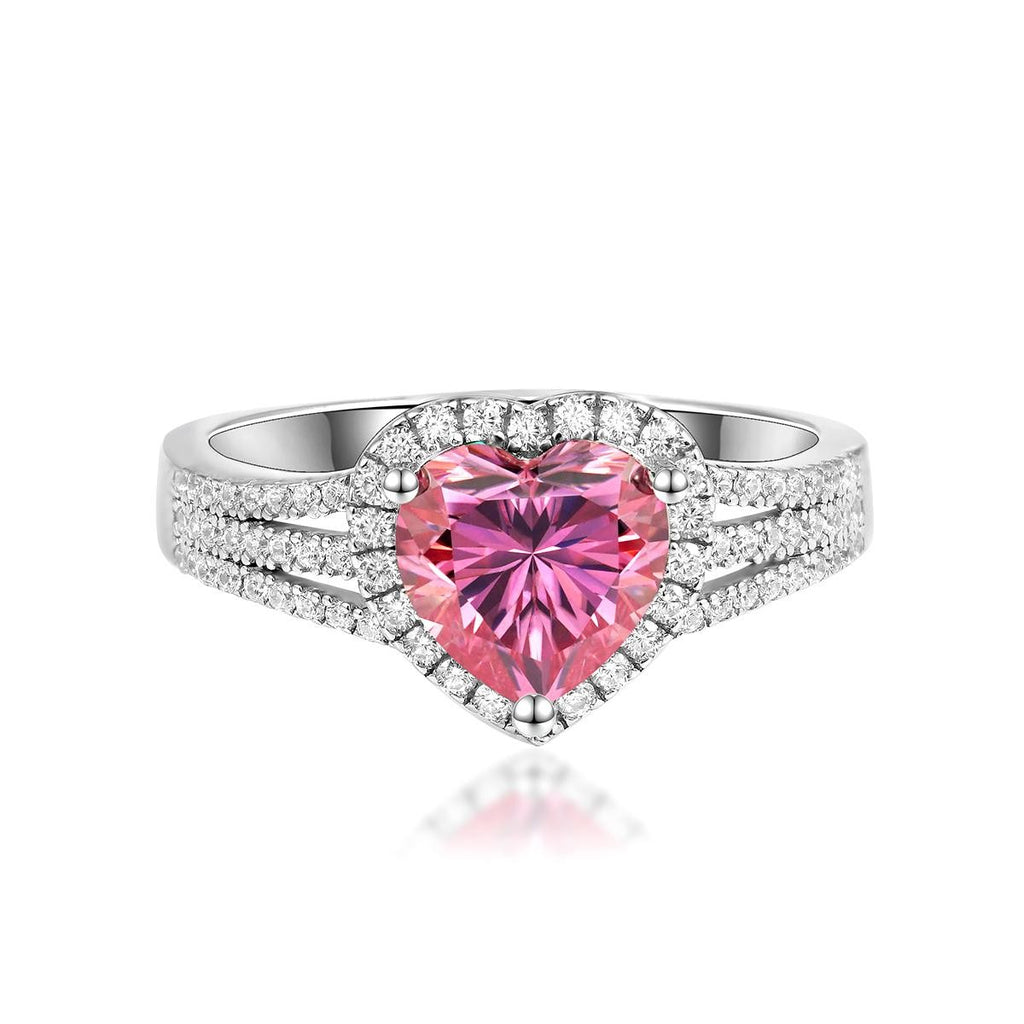 Amoretta 2 Carat Pink Heart Moissanite Halo Ring in Sterling Silver — front view
