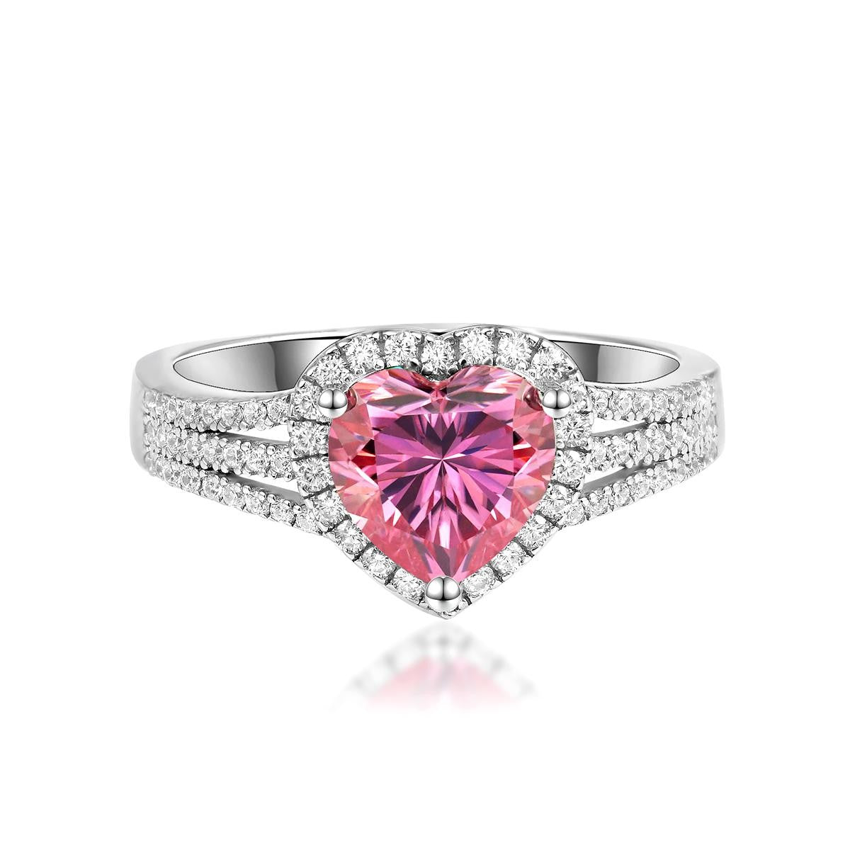 Amoretta 2 Carat Pink Heart Moissanite Halo Ring in Sterling Silver — front view