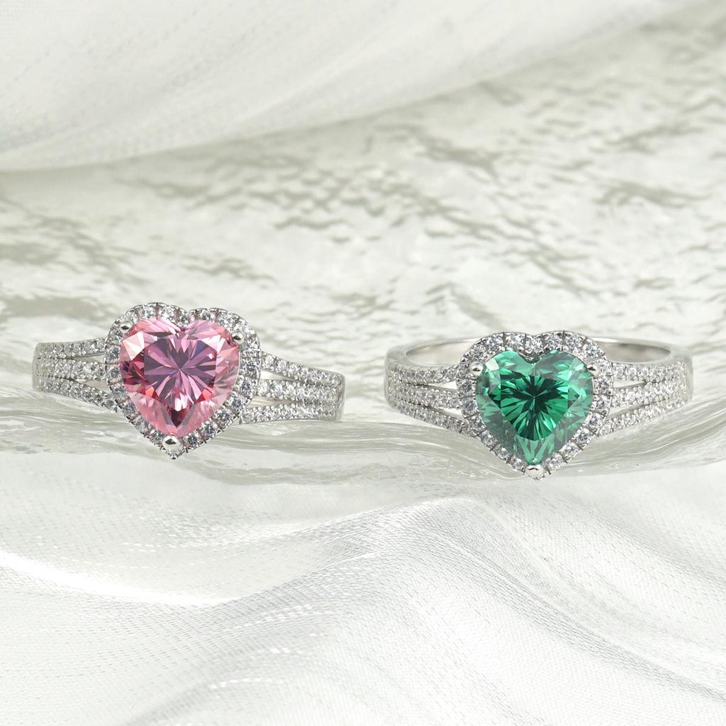 Amoretta 2 Carat Pink Heart Moissanite Halo Ring in Sterling Silver — pink and green colorways
