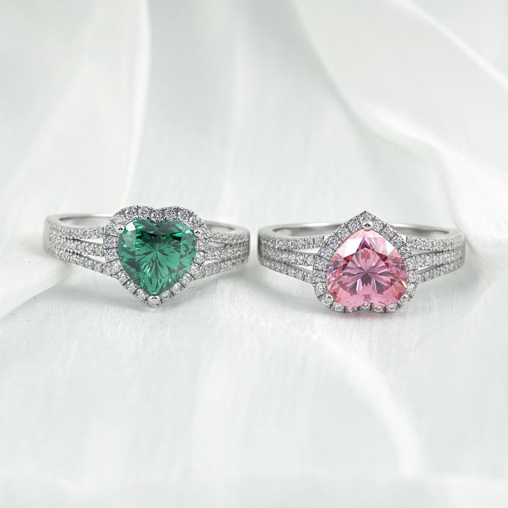 Amoretta 2 Carat Pink Heart Moissanite Halo Ring in Sterling Silver — both colorways on silk