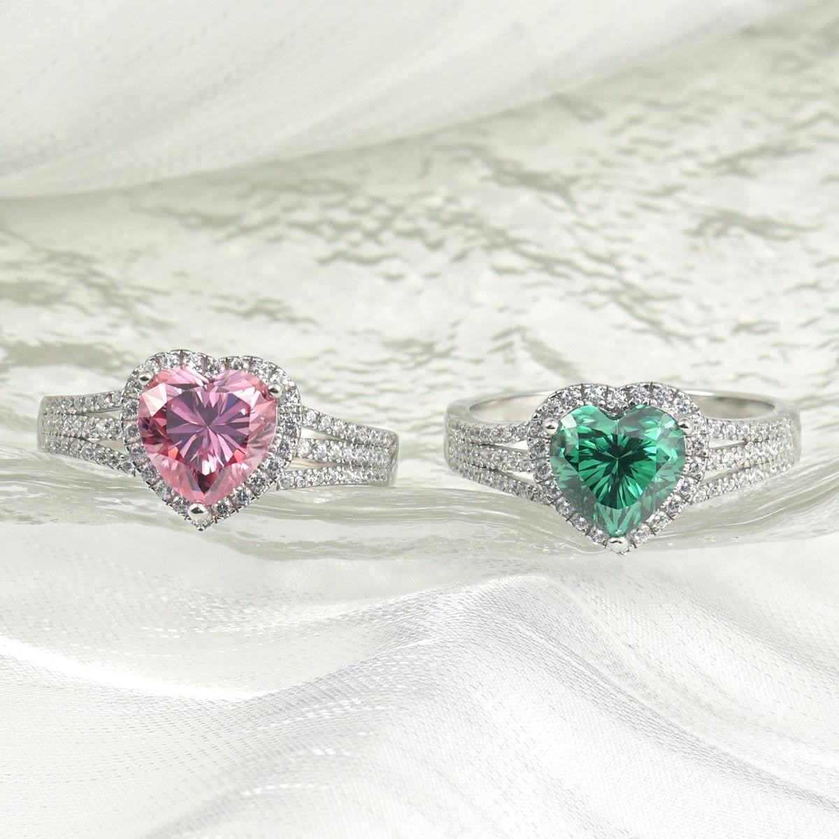 Evergreen 2 Carat Green Heart Moissanite Halo Ring in Sterling Silver — both colorways