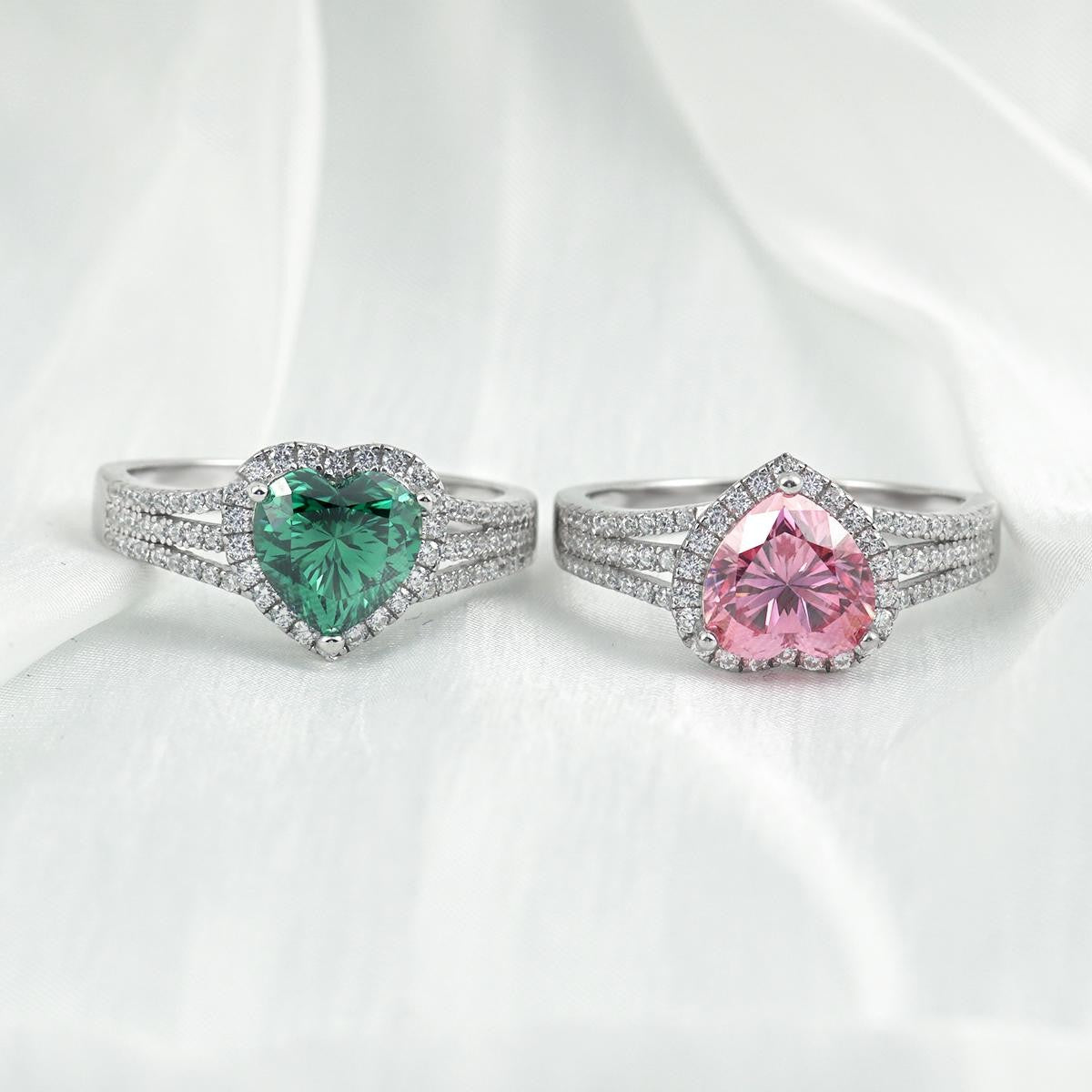 Evergreen 2 Carat Green Heart Moissanite Halo Ring in Sterling Silver — green and pink colorways on silk