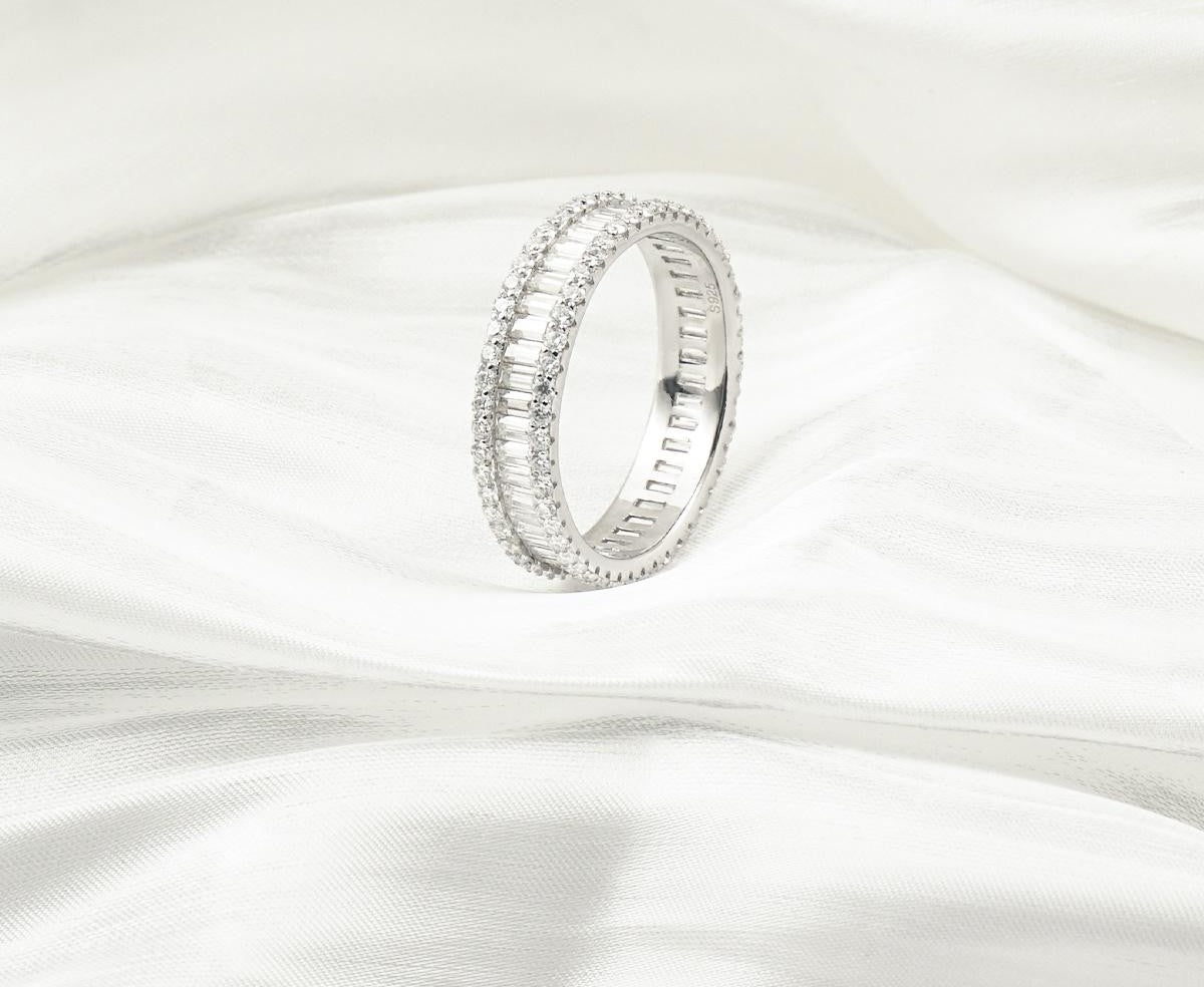 Skyline 4.3 Carat Baguette Moissanite Eternity Ring in Sterling Silver — on white silk