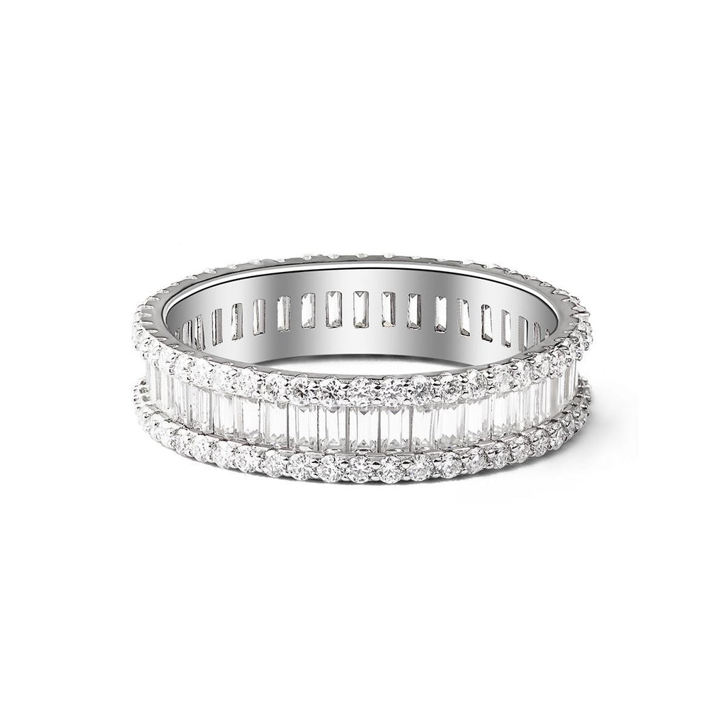 Skyline 4.3 Carat Baguette Moissanite Eternity Ring in Sterling Silver — stacked pair
