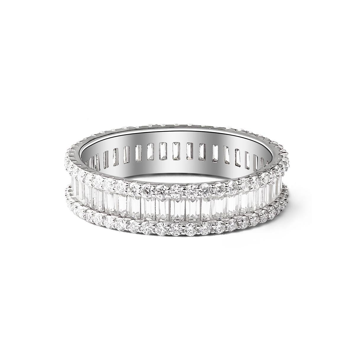 Skyline 4.3 Carat Baguette Moissanite Eternity Ring in Sterling Silver — stacked pair
