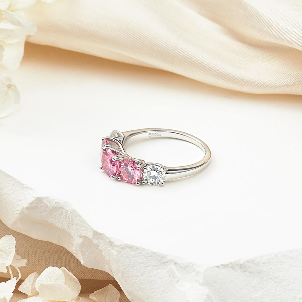 Rosebloom 3.6 Carat Pink and White Moissanite Five-Stone Ring in Sterling Silver — lifestyle view