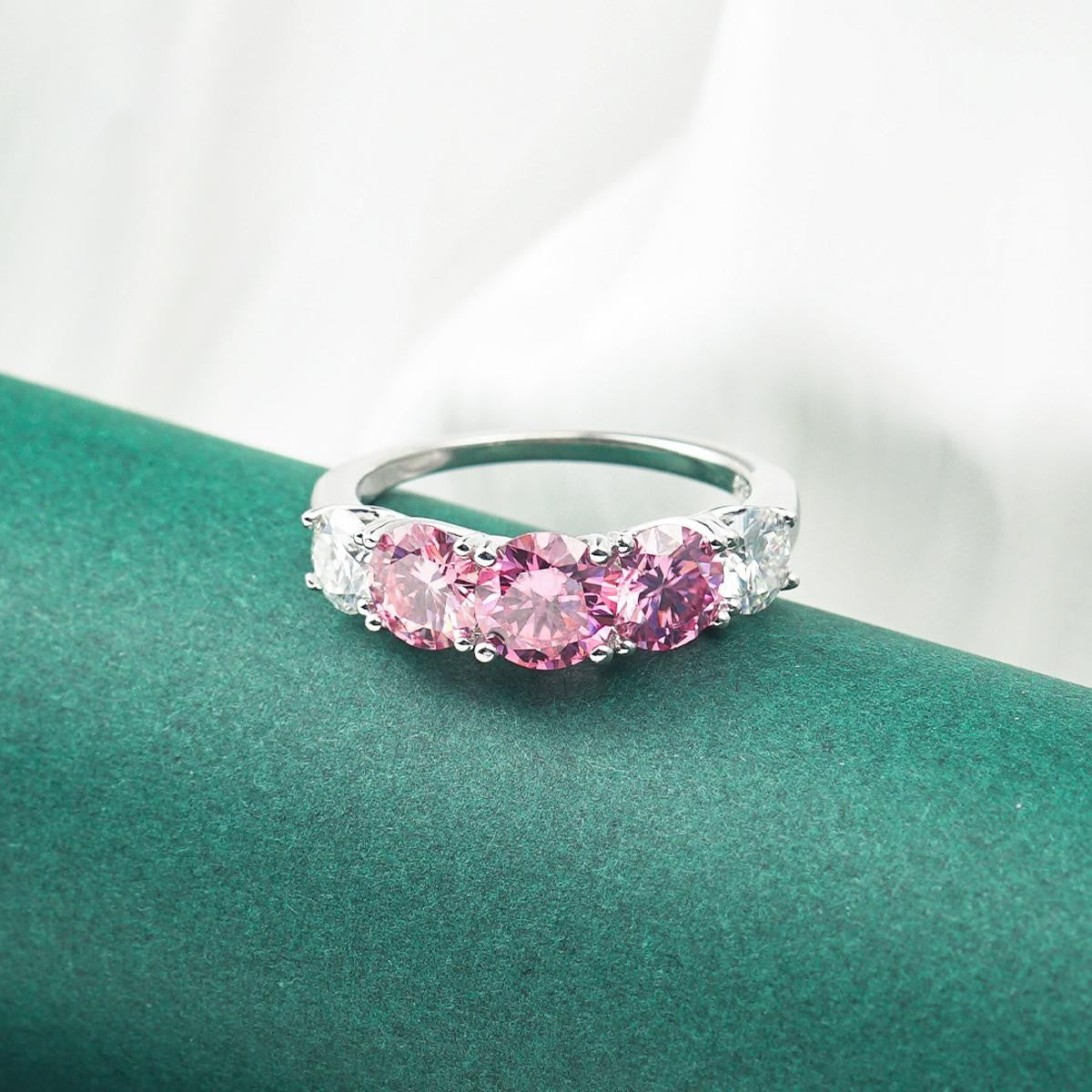 Rosebloom 3.6 Carat Pink and White Moissanite Five-Stone Ring in Sterling Silver — detail view