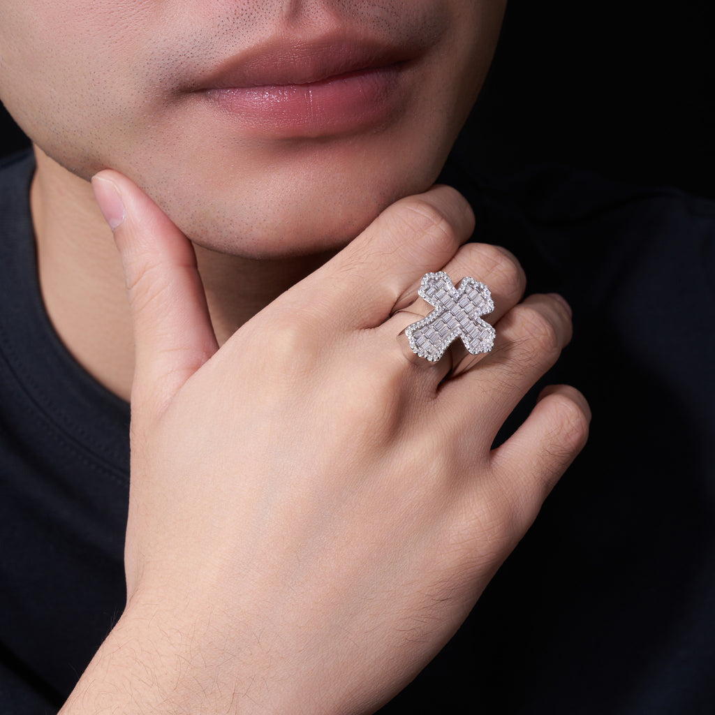 Cathedral Moissanite Men's Cross Ring in S925 Sterling Silver, shown worn