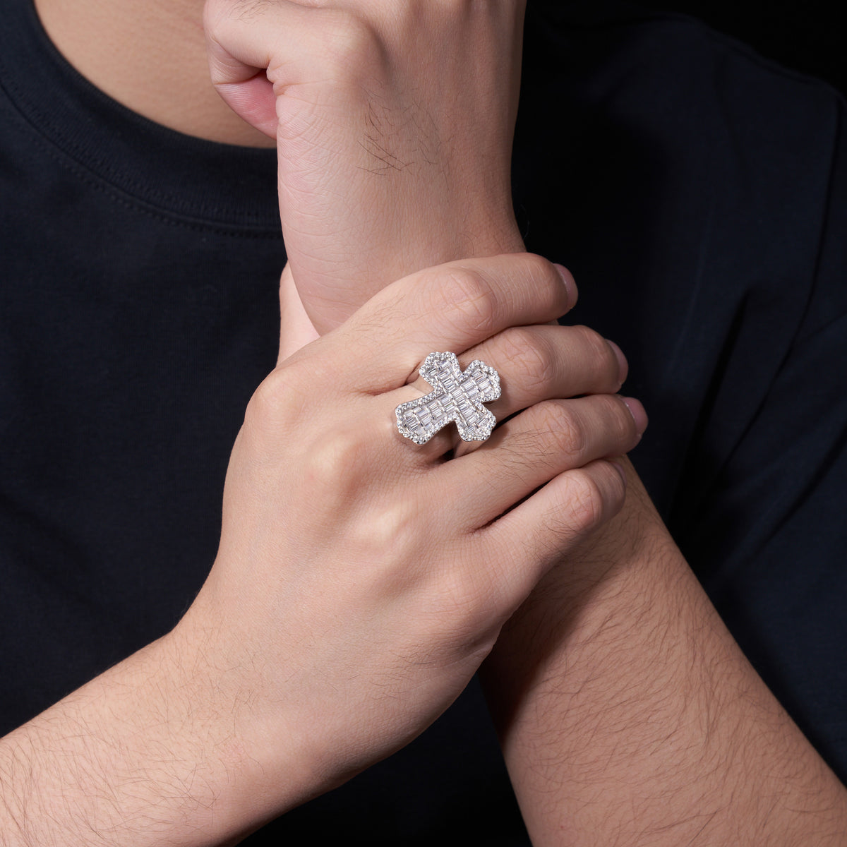 Cathedral Moissanite Men's Cross Ring in S925 Sterling Silver, shown worn