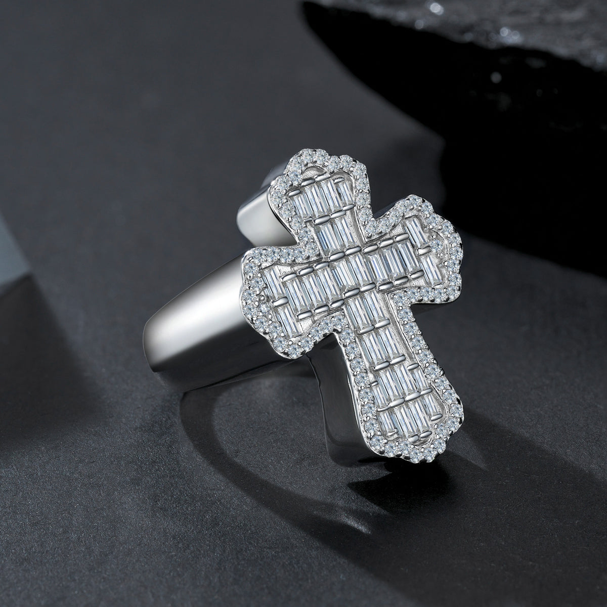 Cathedral Moissanite Men's Cross Ring in S925 Sterling Silver, styled product photo