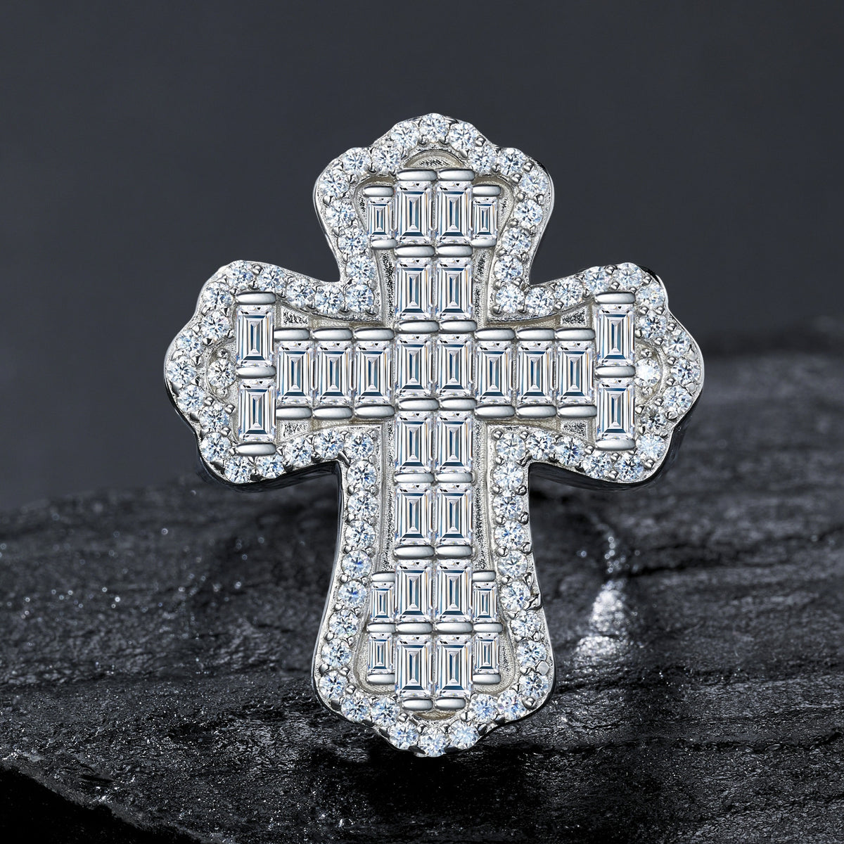 Cathedral Moissanite Men's Cross Ring in S925 Sterling Silver, styled product photo