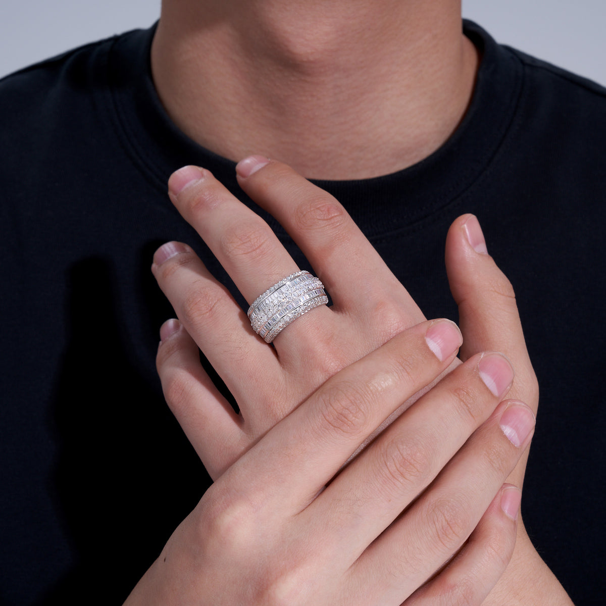 Ridgeline Moissanite Men's Ring in S925 Sterling Silver, shown worn