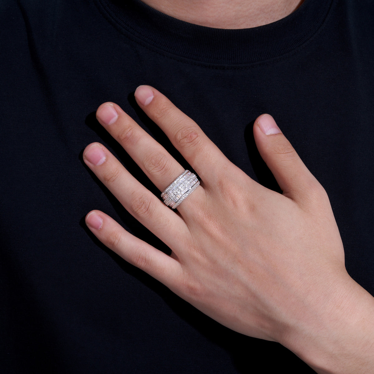 Ridgeline Moissanite Men's Ring in S925 Sterling Silver, shown worn